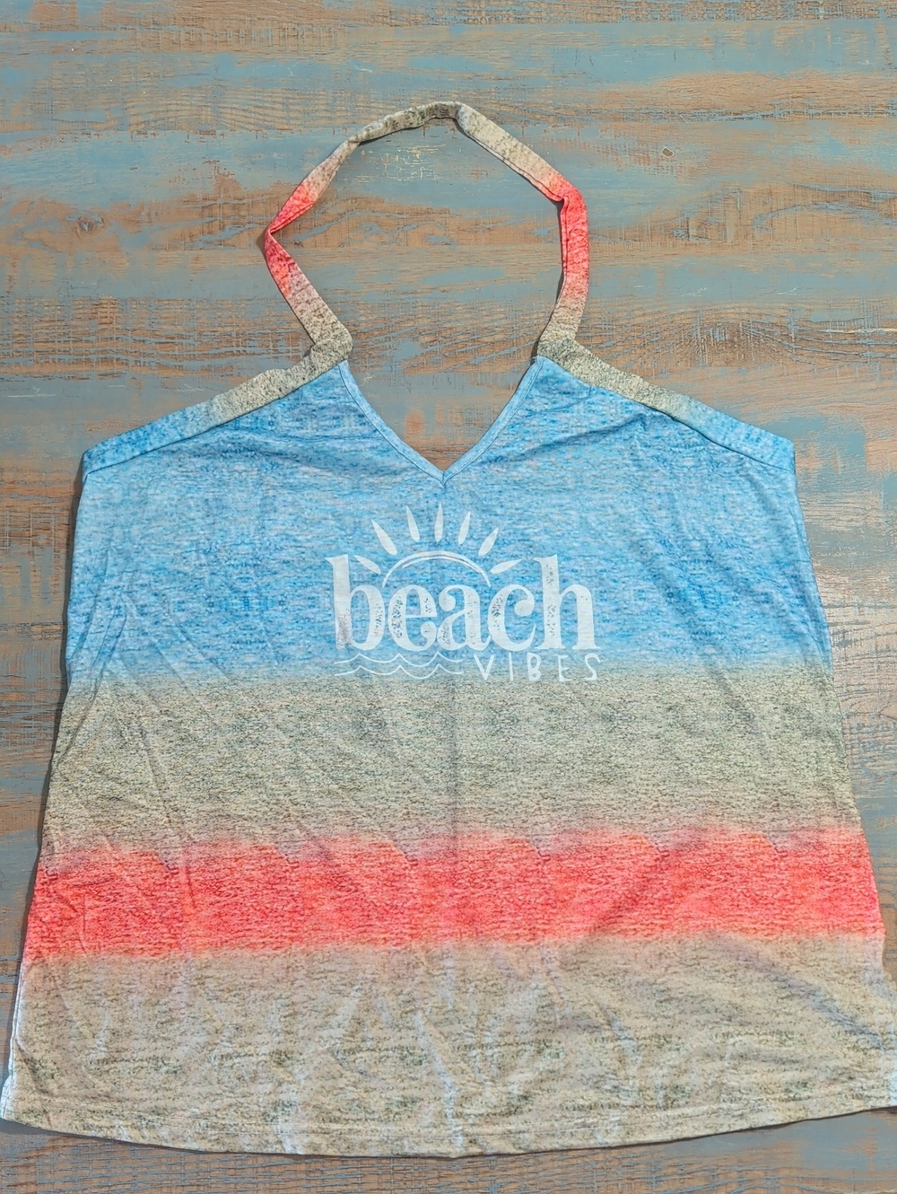 Beach Vibes Halter Tank XXL Blue Coral Stripe Graphic Summer Top